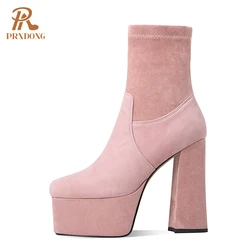 2021 High Heels Women's Boots Female Thick Platform Shoes Flock Ankle Boots Concise Solid Women Shoes Pink Black Autumn Winter