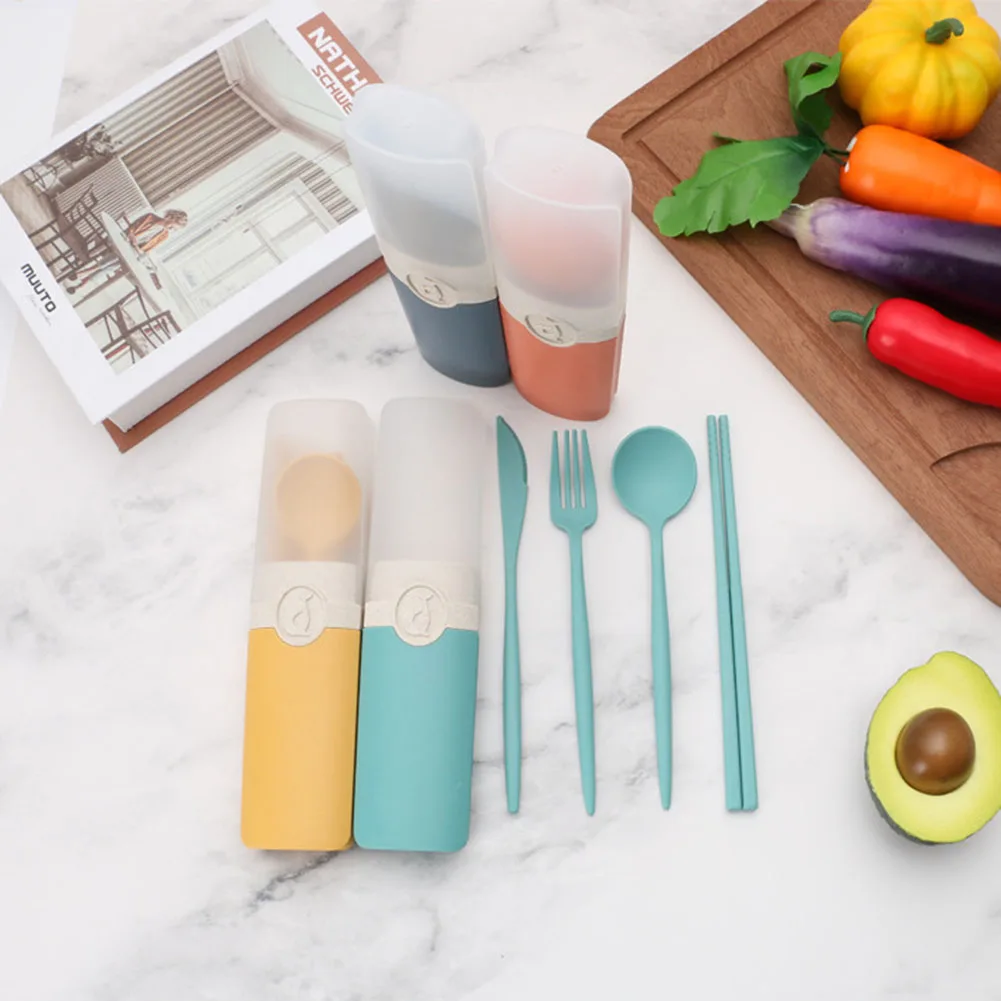 Portable Reusable Spoon Fork Chopsticks Knife Wheat Straw Tableware Cutlery Set Travel Picnic Camping Dinnerware Kits