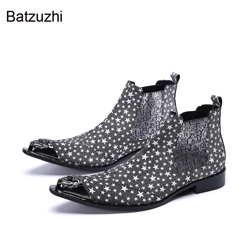 Batzuzhi Personality Men's Ankle Boots Drak Grey with Stars Leather Ankle Boots for Men Slip on Motorcycle/Party Botas, EU38-46