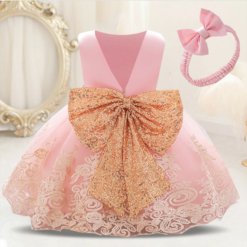 Backless Bow Toddler Baby 1st Birthday Baptism Dress For Girls Princess Luxury Embroidery Costumes Kids Party Clothes Vestidos