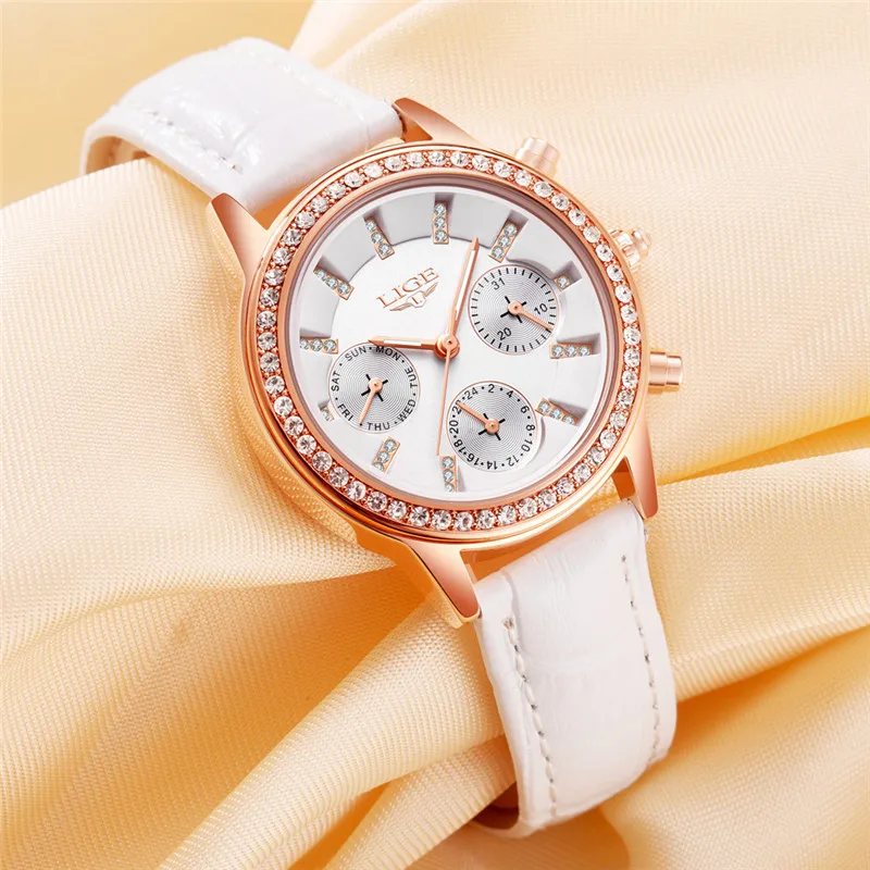 LIGE Top Luxury Brand Women Watches Leisure fashion Leather Quartz Ladies Diamond Dress watch Female gift Relogio Feminino+Box