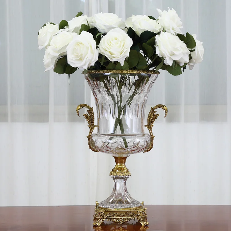 

European and American Style Pure Copper Crystal Glass Vase Hydroponic Transparent Flower Arrangement Decoration Crafts Ornaments