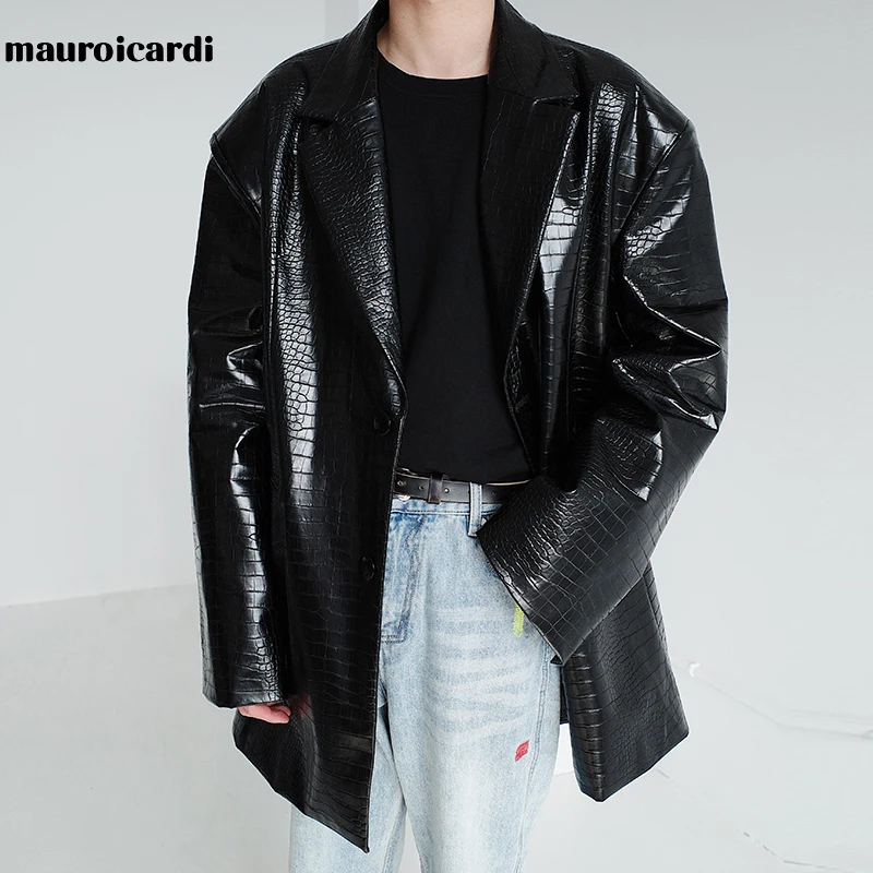 Mauroicardi Spring Black Reflective Crocodile Print Shiny Faux Leather Jackets for Men High Quality Fashion Leather Blazer 2022