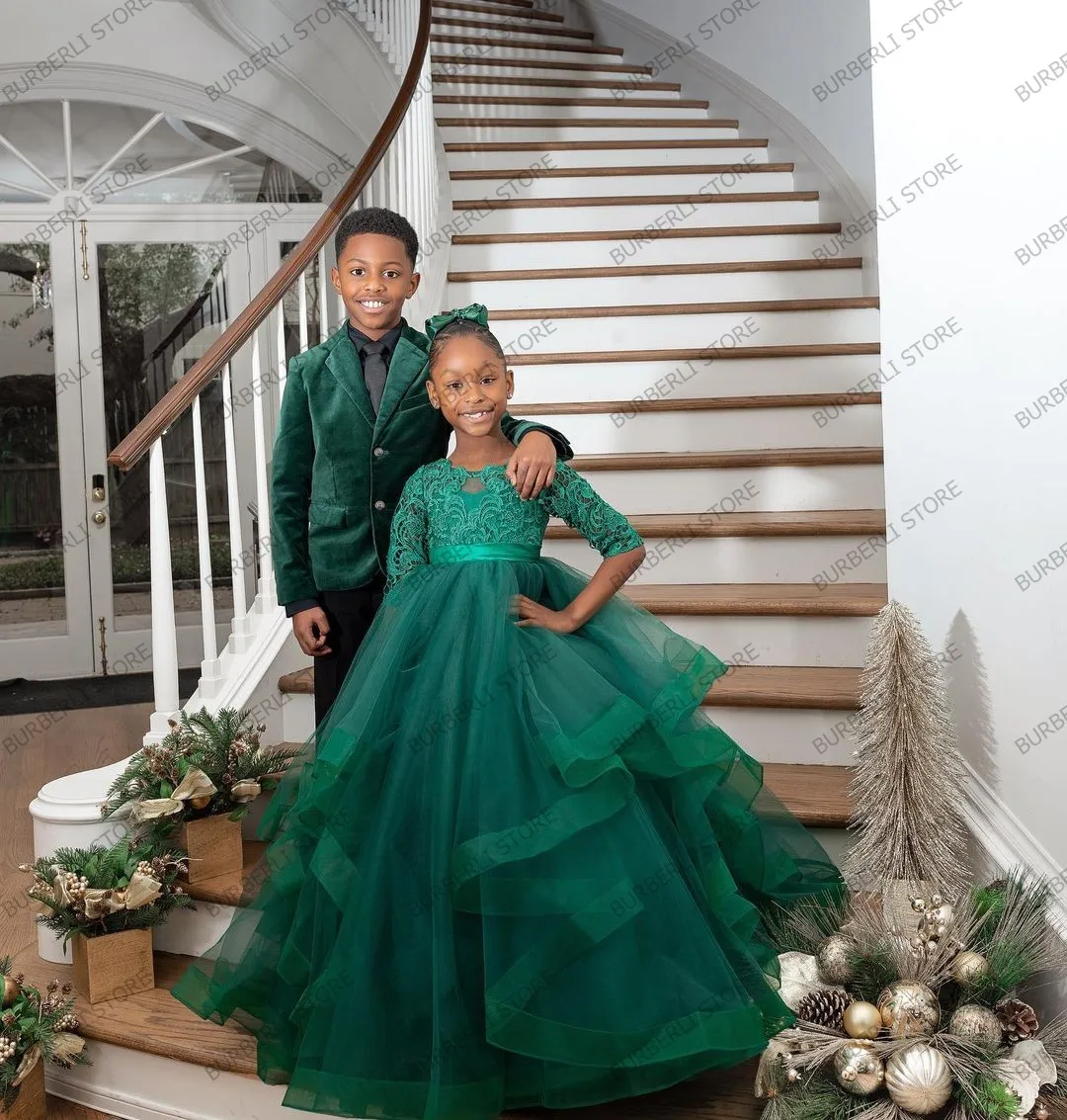 Pretty Hunter Green Tiered Tulle Kids Dresses For Girls Long Puffy Ruffles Tiered Flower Girls Dress Kid Dress Gowns Wedding