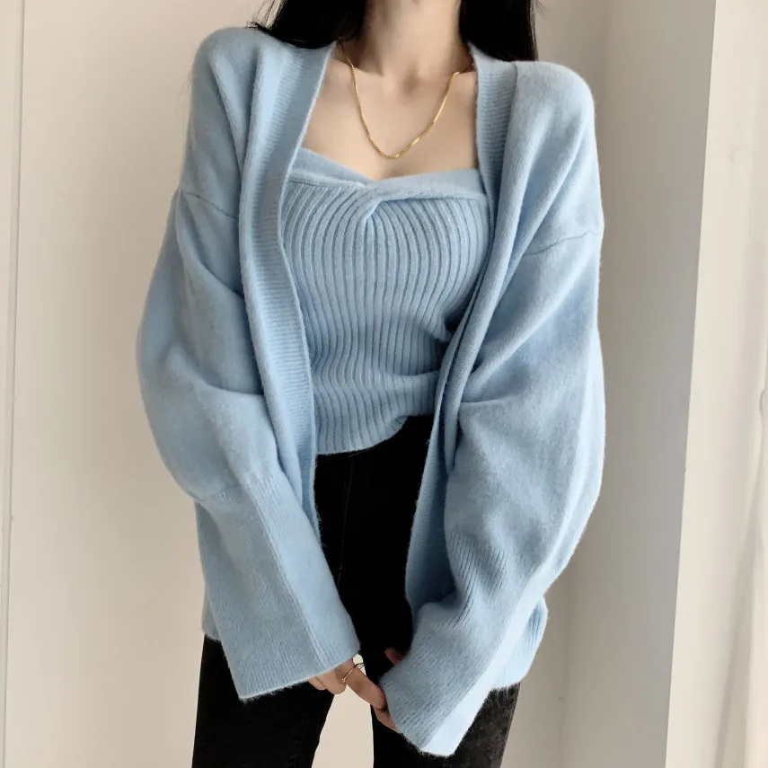 Two Pieces Sets Women Knitted Cardigan 2021 New Long Sleeve Knitwear Coat + Slim Basic One Word Collar Vest Autumn Sweater Suits