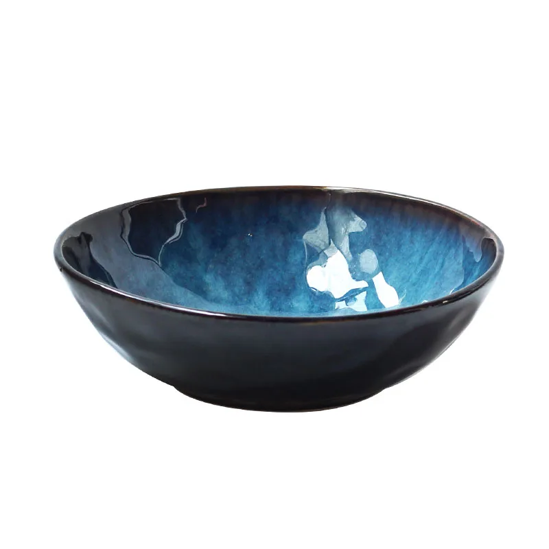 KINGLANG Blue Colored 3 Sizes Ceramic Bowls Nordic Salad Noodle Big Soup Bowl Wholesale Restaurant Tableware Supplies