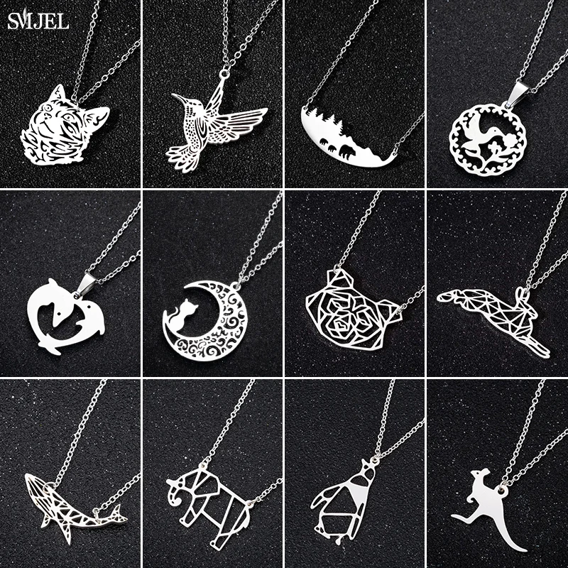 SMJEL Cute Stainless Steel Animal Necklace for Women Jewelry Origami Humingbird Cat Moon Kangaroo Bear Necklaces Bee Choker