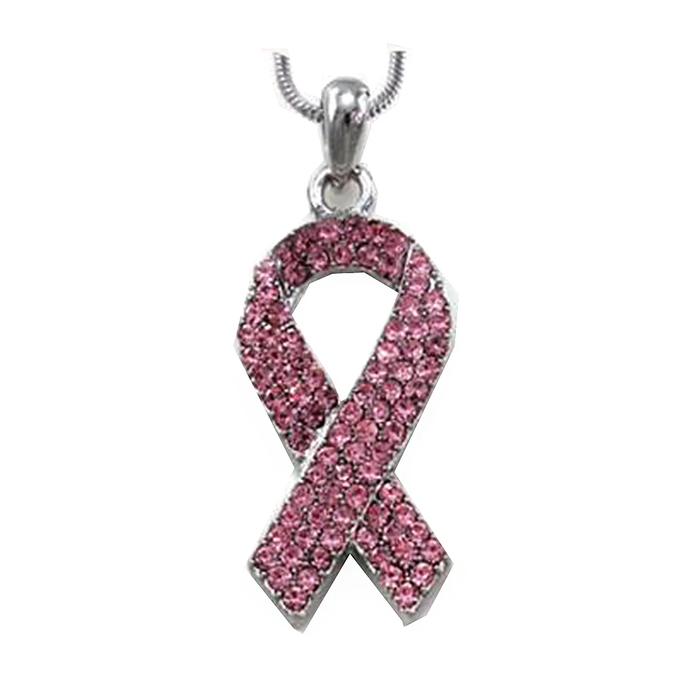 Free shipping Rhinestone Breast Cancer Awareness Pink Ribbon Bow Pendant