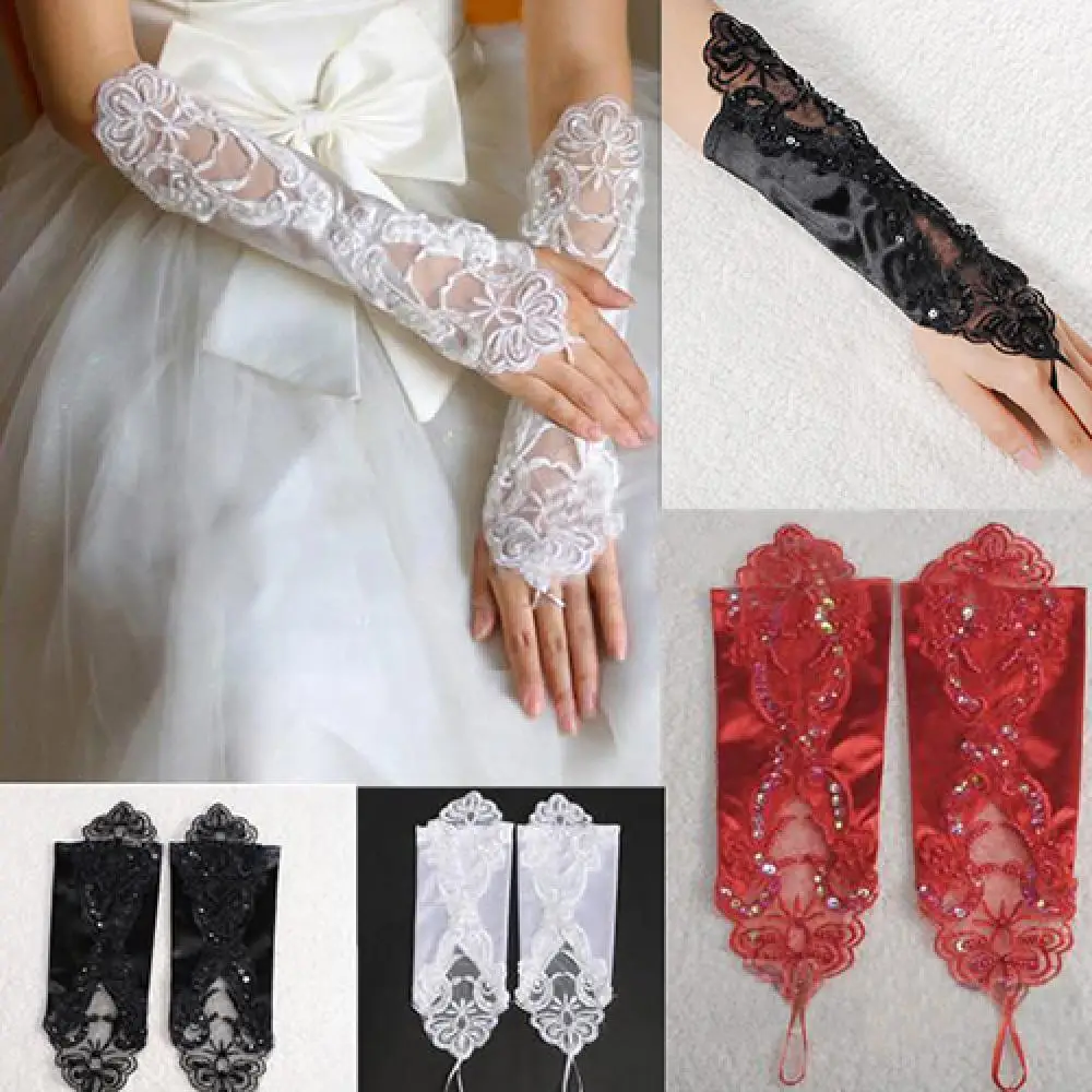 Women Faux Pearl Lace Gloves Bride Fingerless Wedding Party Bridal Dress Glove Wedding Accessories