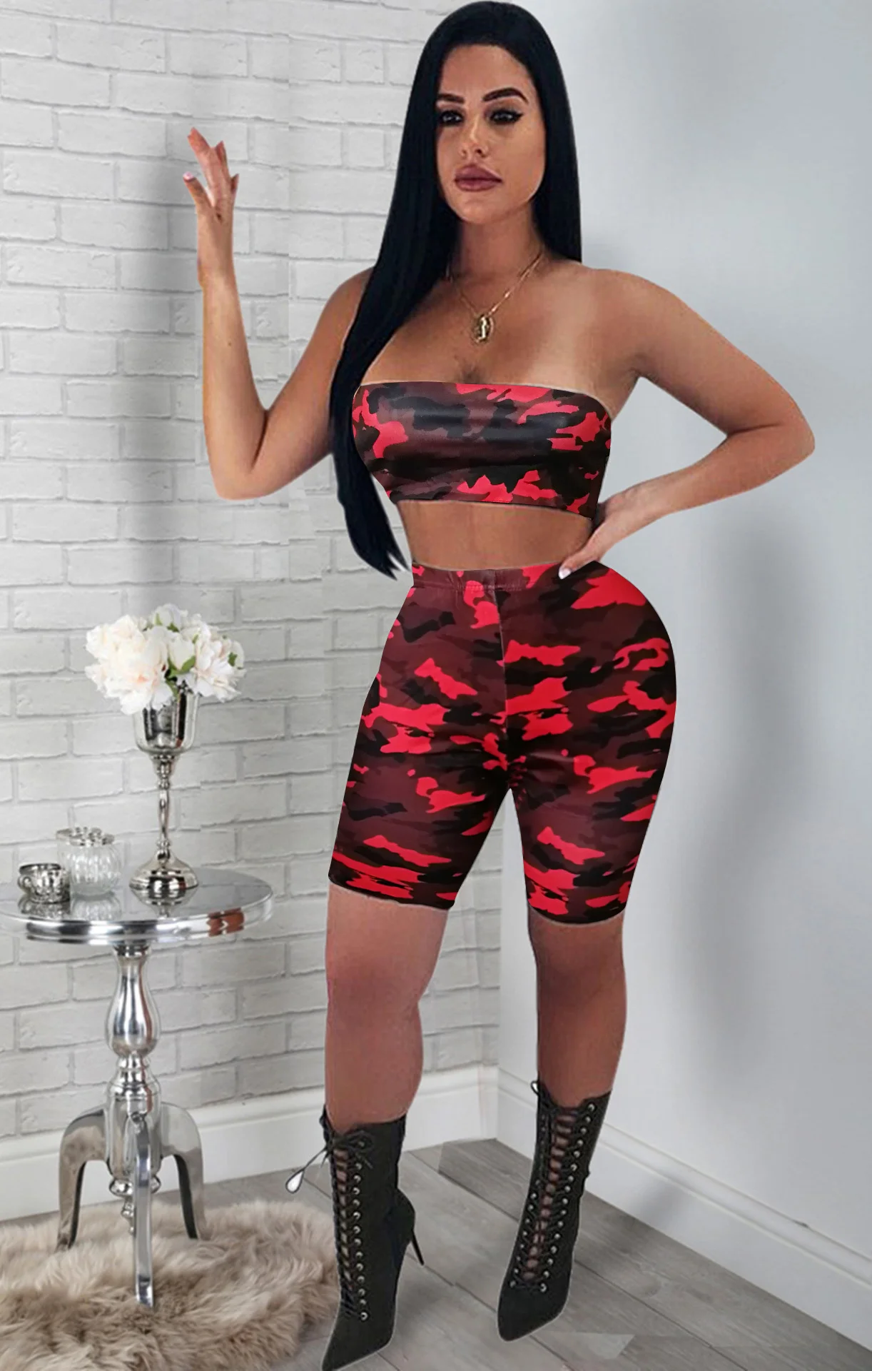 Gợi Cảm Ngụy Trang Hai Bộ Nữ Thể Dục Quần Áo Phù Hợp Với Hai Mảnh Ôm Vai Crop Top Bodycon Ngắn Tracksuits Phù Hợp Với Bộ