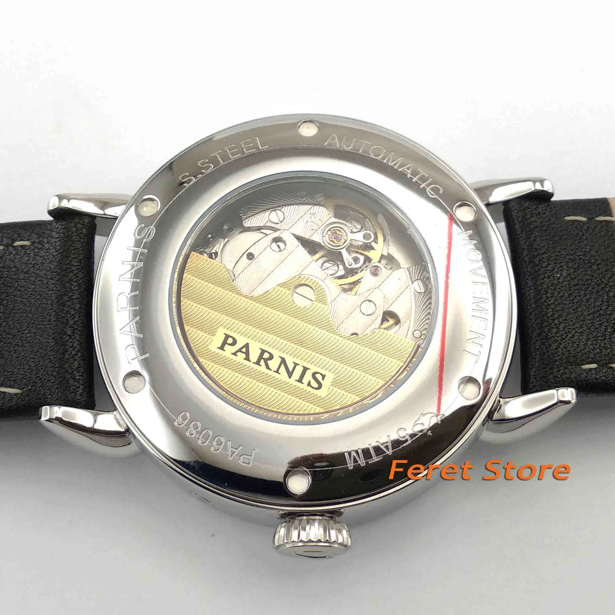 42mm PARNIS blue dial Black leather strap steel case Sapphire glass Classic Power Reserve Indicator automatic mens watch