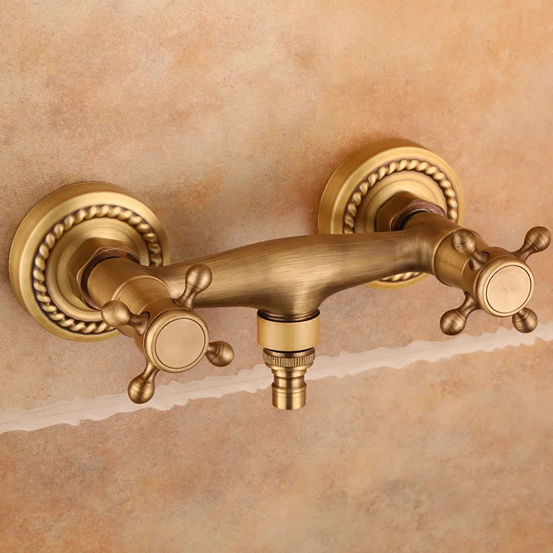 Washing Machine Faucets Hot & Cold Wall Mounted Bibcock Antique Carved Brass Hot & Cold Outdoor Mixer Tap 2 Handle 4