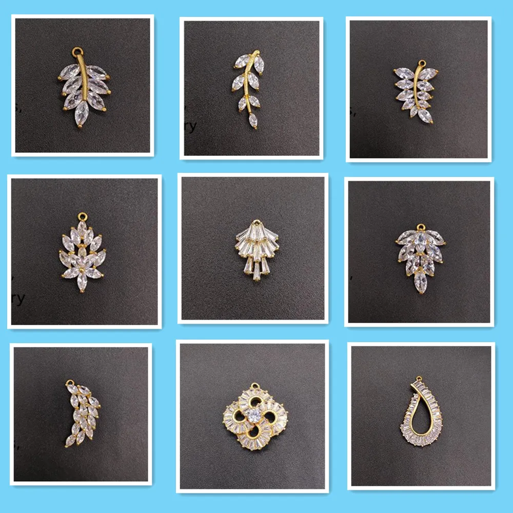 Zircon Leaf Flower Charm Pendants for Jewelry Making Findings 100pcs Gold Silver Zircons Button Embellishments DIY Accessories