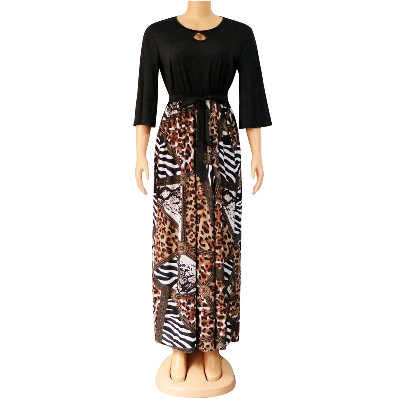 

2020 New Arrivals Fashion Design Leopard Print O-Neck Dress Women Flare Half Sleeve Sashes African Dresses