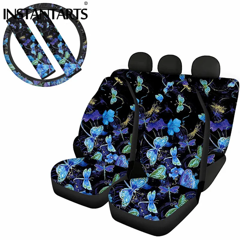 

INSTANTARTS Fashion Gragonfly with Flower Pattern Front&Rear Seat Covers Car Interior Accessories Durable Steering Wheel Coveres