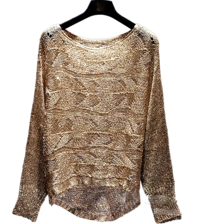 Autumn Lady Golden Knitted Pullovers Women Sequined Knitted T Shirts Femme Gold Tops