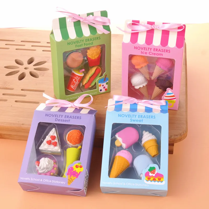 4 pcs/pack Creative Cartoon Modelling Erasers Students Erasers Hamburger Ice Cream Shape Erasers Children Gifts school supplies