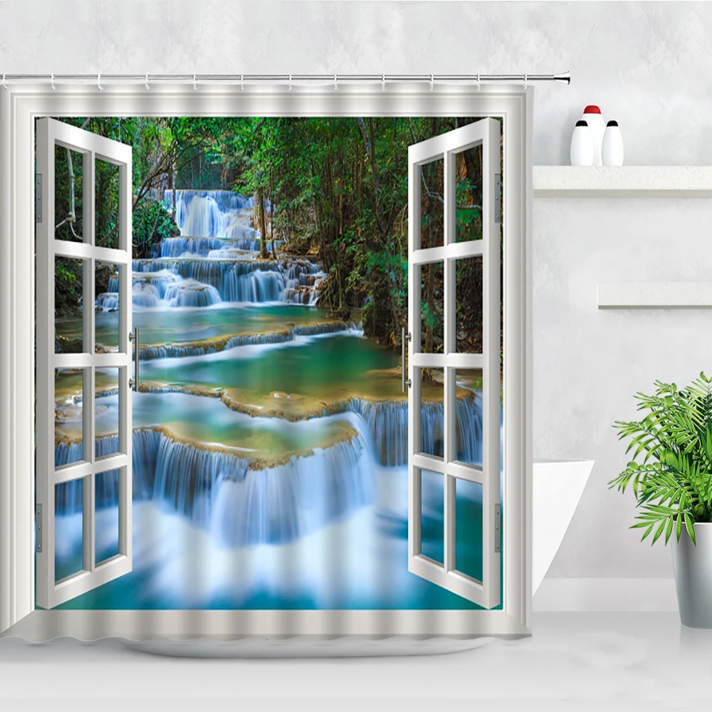 3D Window Waterfall Scenery Shower Curtains Jungle Green Plants Natural Landscape Creative Fabric Decor Screens Bathroom Curtain