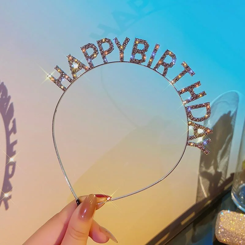 Happy Birthday Headband Hair Hoop Woman Rhinestone Letter Hairbands Light Luxury Metal Headband Women Girl Kids Crowns Hair Hoop