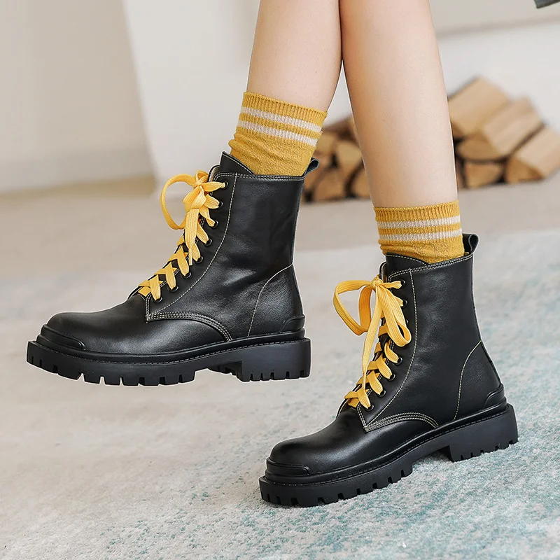 

LIBIELIY Genuine Cow Leather Lady Boots Women's Thick-soled Short Boots British Style Round Toe Flat Heel Ankle Boots Women