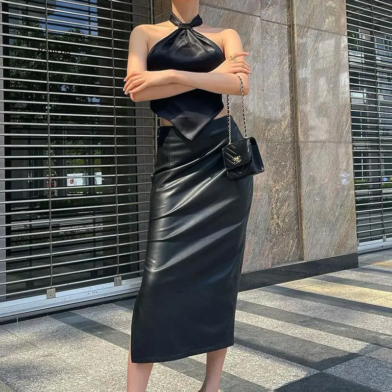 Autumn High waisted long leather skirt women with button a line Black midi soft Light faux leather skirts for women