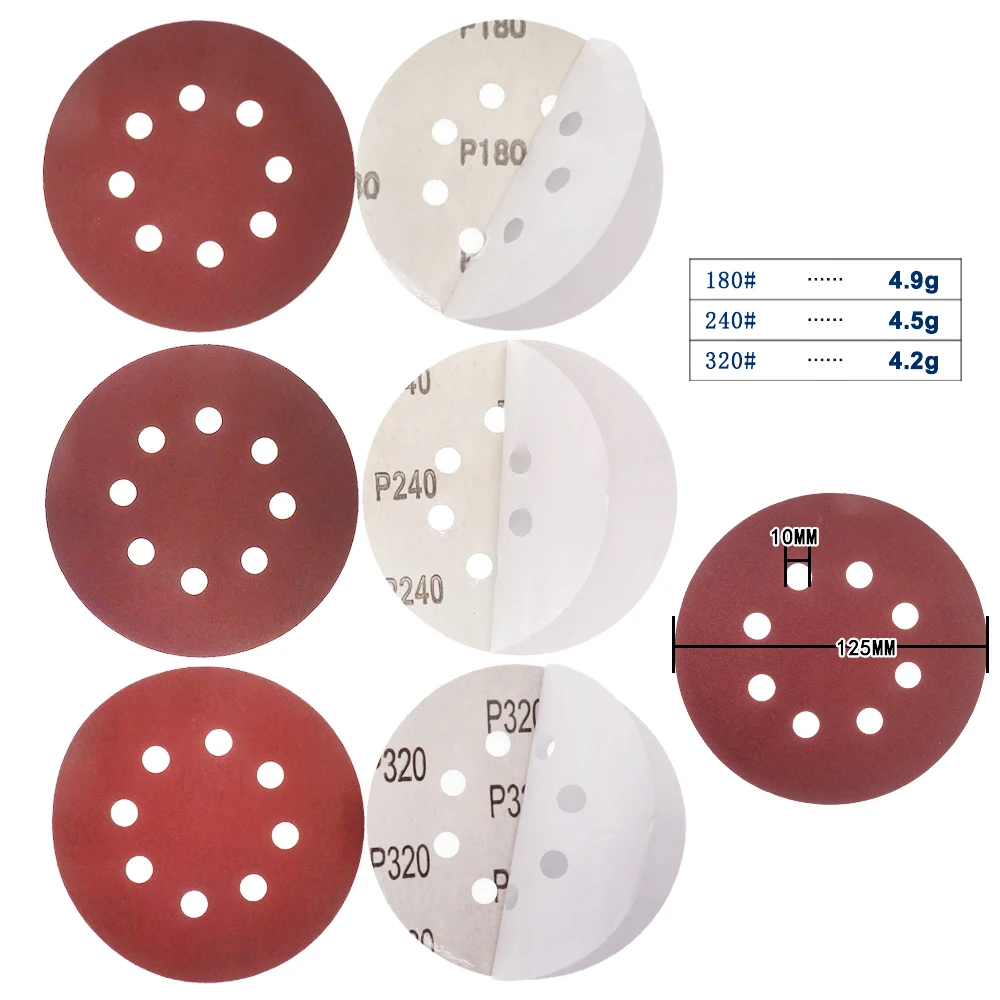 10pcs 5inch 8-Hole Sanding Disc Adhesive Sticker Round Sandpaper Disk Sand Sheets Grit 180/240/320 for Orbital Sander