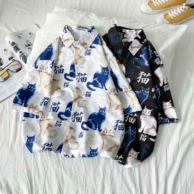 Camisa hawaiana de manga corta para hombre, camisa de secado rápido de talla grande asiática, M-3XL de verano, informal, con Gato bonito, para