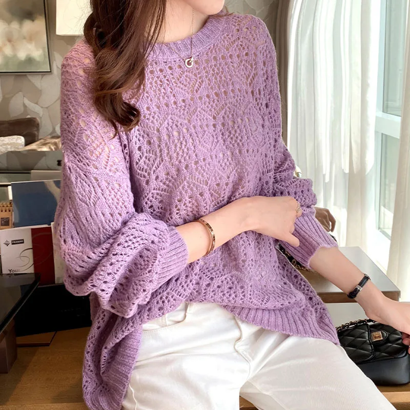 Hollow Out Summer Loose Knitted Pullover Tops Fashion  Thin Cool Pull Jumpers Yellow O-neck Mesh Tops Ladies Mesh Shirt