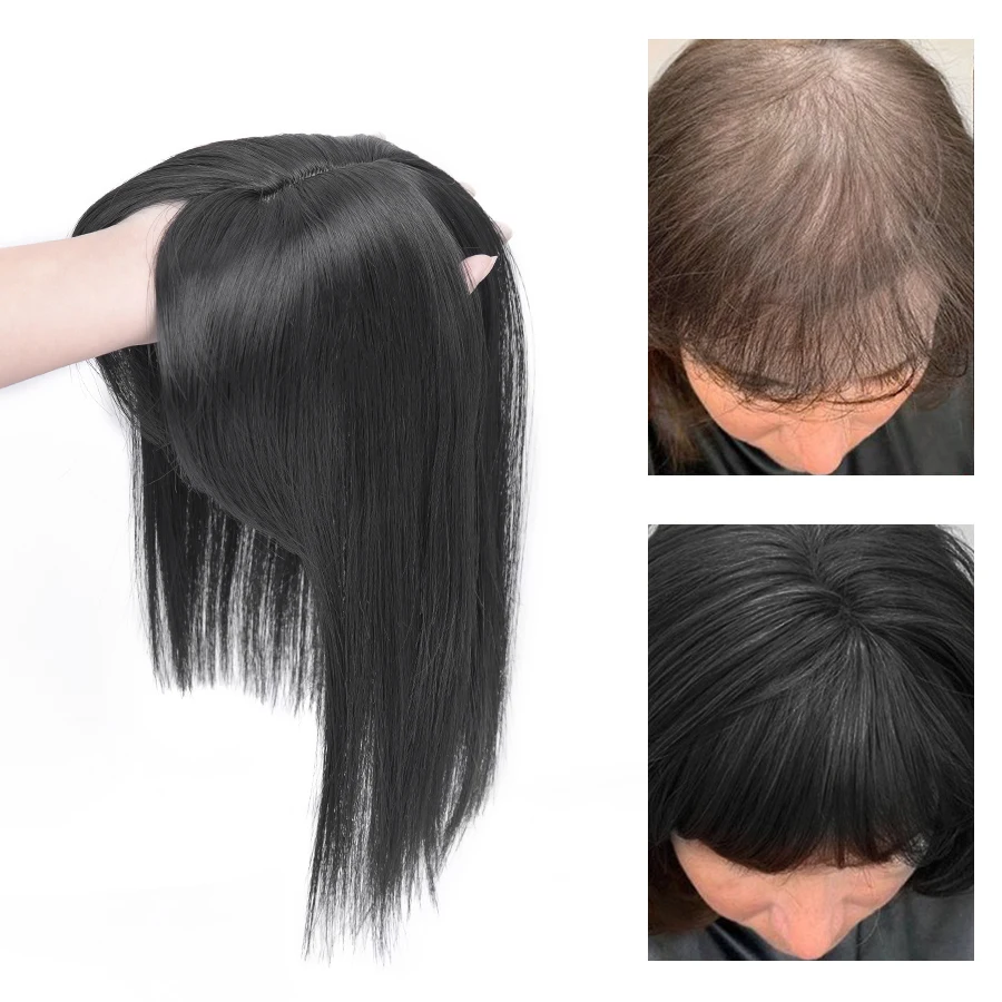 Leeons Synthetic Black Brown Hair Pieces With Bangs Clip In Hair Extensions 3 Clip In One Piece Heat Resistant Fiber For Women