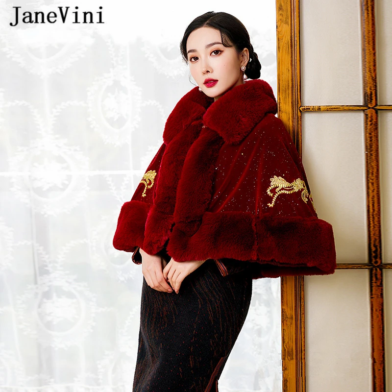 Janevini Fashion Bourgondië Vrouwen Faux Fur Wrap Shawl Gouden Applique Bridal Bolero Jacket Winter Warm Bont Cape Bruiloft Mantel Jas