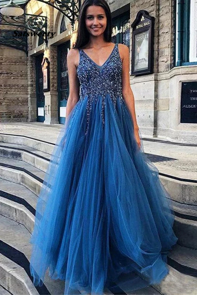 UNA Linea Blu Con Scollo A V Che Borda Tulle Del Partito di Sera Abiti Lunghi Vintage Backless Abiti Da Ballo