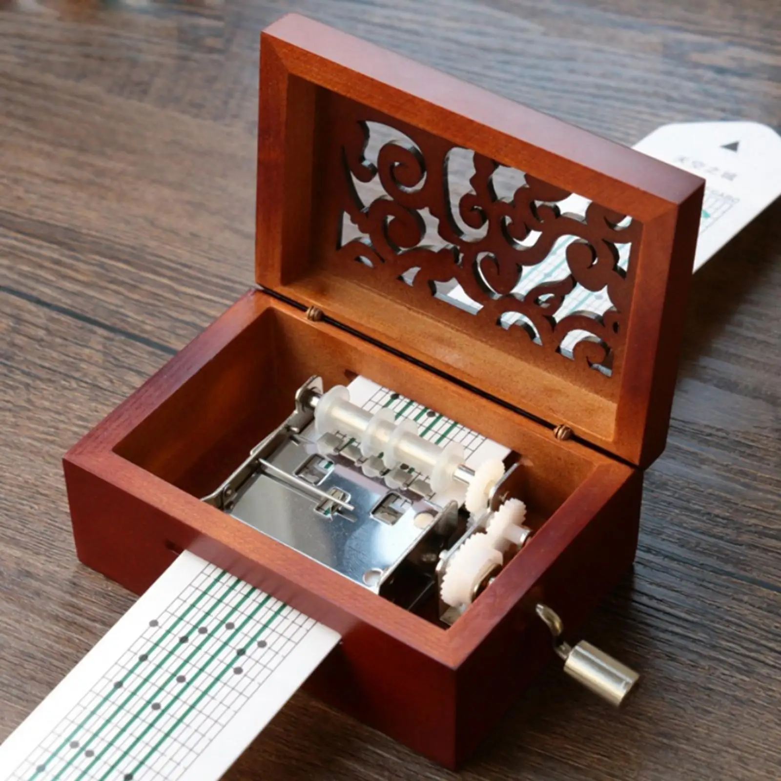 15 Tone DIY Hand-cranked Music Box With Hole Puncher and Paper Tapes Puncher Vintage Carved Wooden Box DIY Your Down Music Box