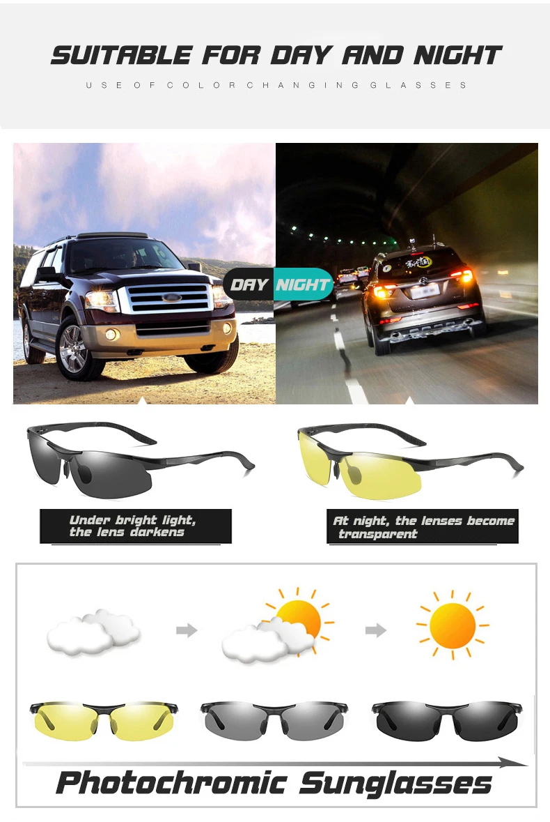 Aluminium Magnesium Photochrome Polarisierte Sonnenbrille Männer Fahren Gläser Tag Nacht Vision Fahrer Brille Oculos De Sol Masculino – Detail 5