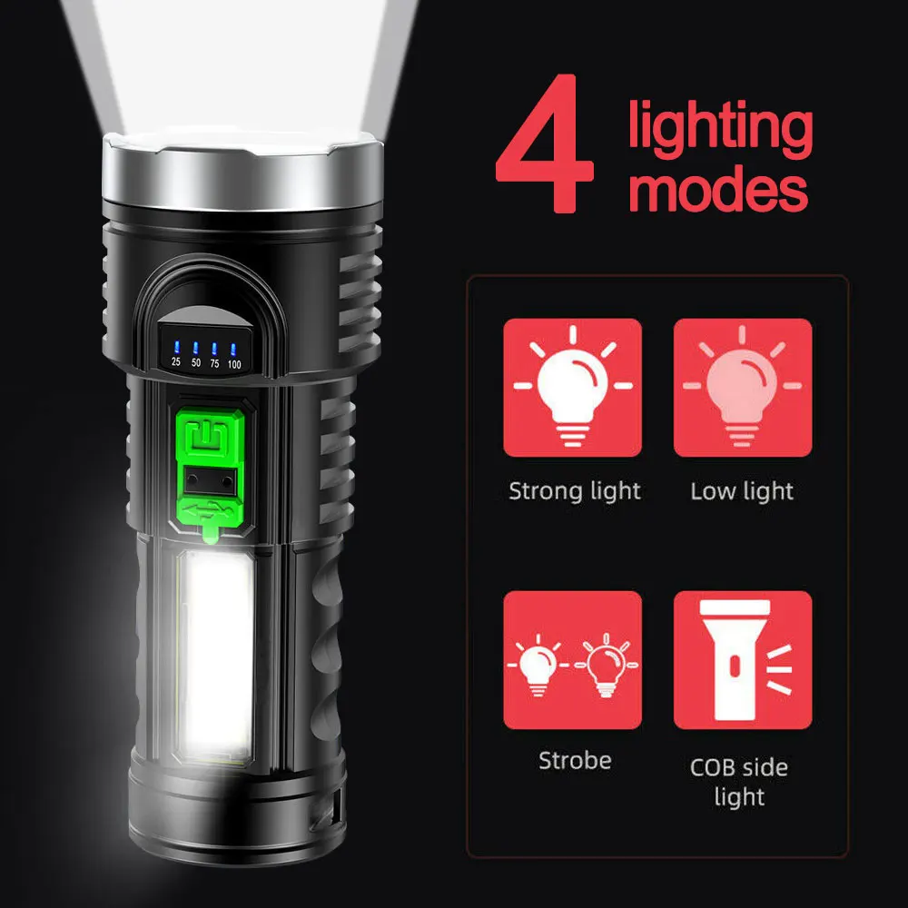 Outdoor Multi-function Flashlight USB Rechargeable Torch 4 Modes Tactical Lamp with Side Light LED Light for Camping Hiking