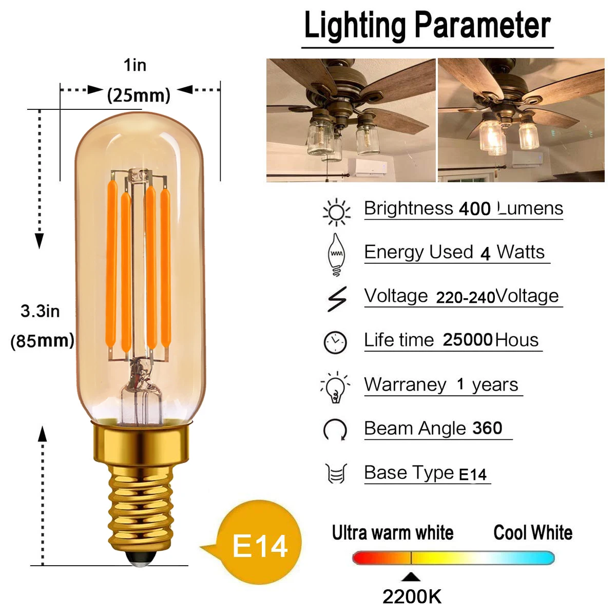 Hcnew T25 LED Filament Tubular Lamp Led Bulb 4w 2200k Amber Glass E12 E14 Light Bulb Dimmable Decorative Chandelier