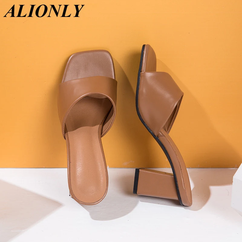 Alionly Slipper Outdoor Sandal for Women 2025 Summer Square High Heel Slip On Flip Flop Elegant Slides chaussure femme