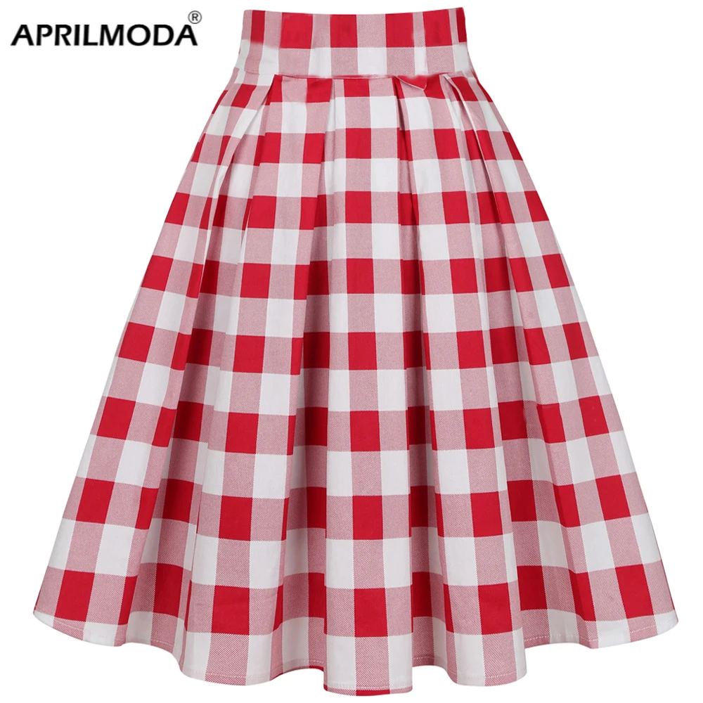 Oversized 3XL Vintage Women Pleated Skirts Plaid Print 2023 Midi 50s 60s Rockabilly Skater Pin Up Casual High Waist Summer Skirt