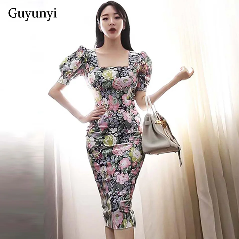 High Waist Tight Office Lady Dress Summer Flower Sexy Square Neck Puff Sleeve Backless Elegant Party Dress Women