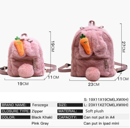 Mini Backpack Cute Faux Fur Rabbit Ear Women Travel Shoulder Bags Fashion Plush Bagpack Rucksack School Bag For Girls