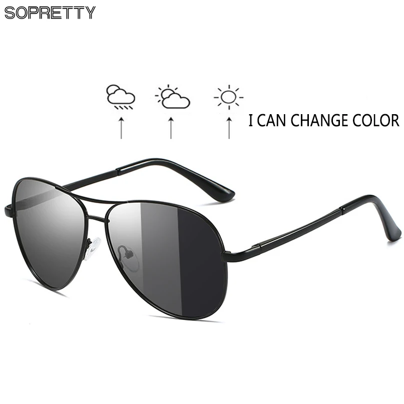 Men's Photochromic and Polarized Pilot Metal Sunglasses , Black Lens UV400 for Day & Night Driving Sun Glasses S7750-1