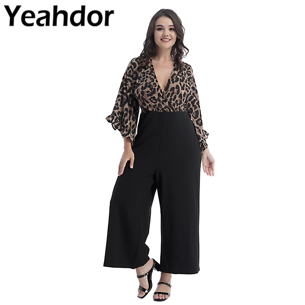 

Women One Piece Jumpsuit Casual Clothing Ruffle Long Sleeve Deep V Neckline Zipper Fastened Leopard Print Patchwork Streetwear