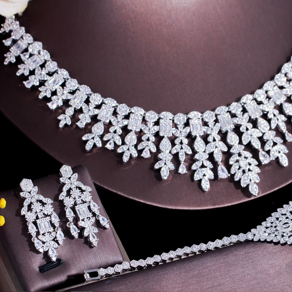 CWW 4 pcs Tassel Drop Cubic Zirconia Big Wedding Banquet Necklace Dubai White Gold Color Bridal Party Costume Jewelry Sets T600