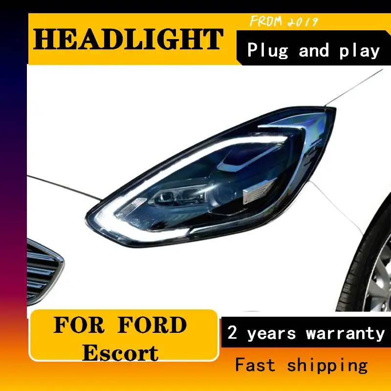 Car For 2019 Ford Escort Headlight Assembly Modified LED Daytime Running Light LED Streamer Steering Xenon Headlights Assembly