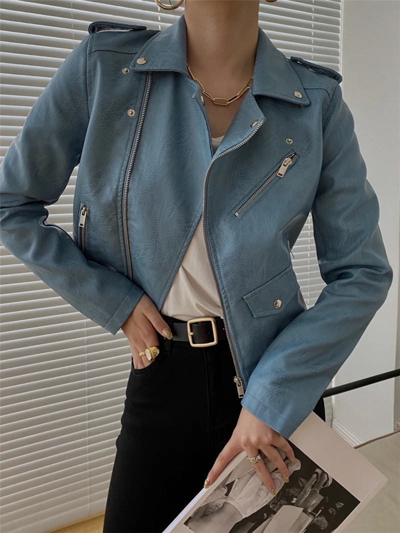 LMQ-Chaqueta clásica de cuero sintético para mujer, abrigo básico informal con cremallera y cinturón, para otoño e invierno, novedad de 2020