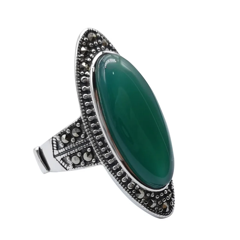 S925 Sterling Silver Rings for Women Retro Oval Agate Corundum Inlaid Micro Marcasite New Fashion Jewelry Wholesale