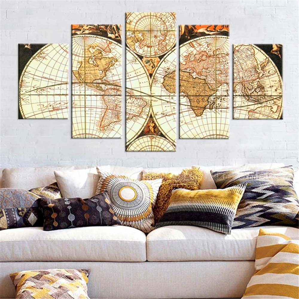 5 Pieces Wall Art Canvas Painting World Map Poster Modern Home Decoration Modular Living Room Bedroom Pictures Framework