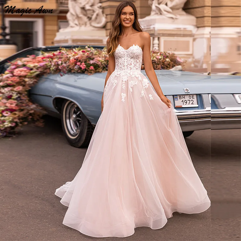 Magic Awn-vestidos De novia Bohemia con apliques De encaje, vestidos De novia De color rosa, Vestidos De Novia De encaje Corazón De tul para playa, vestidos De boda para mujer