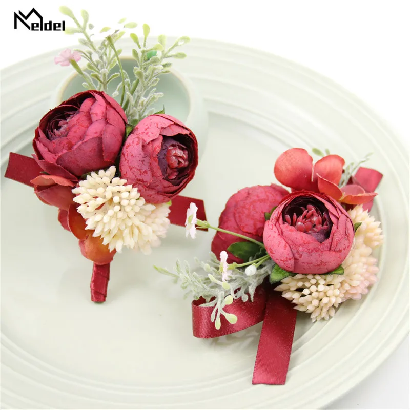 Meldel Silk Rose Corsage PIN Boutonniere สำหรับเจ้าบ่าวแต่งงานสร้อยข้อมือ Bridesmaids แต่งงาน Boutonniere พยาน Corsages