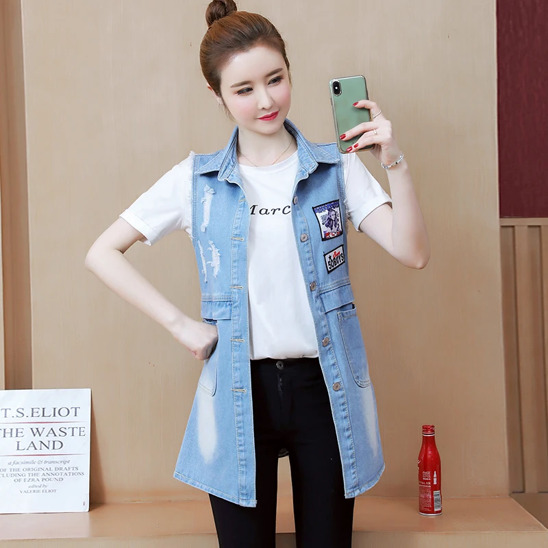 Spring Autumn Vest Female 2022 New Fashion Print Loose Denim Vests Waistcoat Jacket Women Mid-Length Cowboy Vests Lady