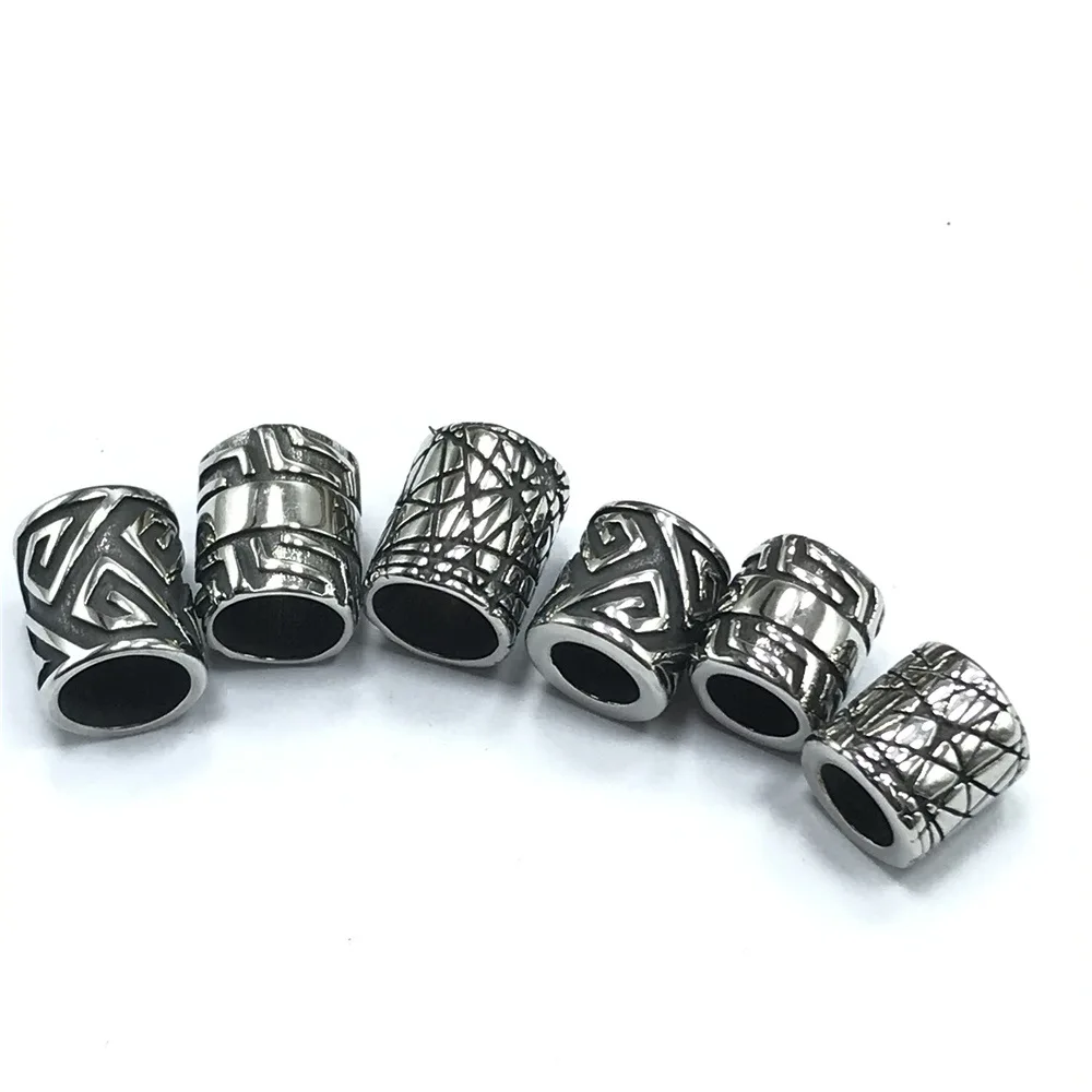 4ps Stainless Steel Large 6/8mm Hole Engrave Lanyard Cylinder Beads Spacer Leather Cord Bracelet Jewelry Making DIY Accessories